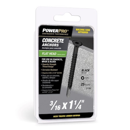 Hillman Concrete Screw Anchor, 1-1/4 in L, Carbon Steel Black Epoxy Coated, 25 PK 377380